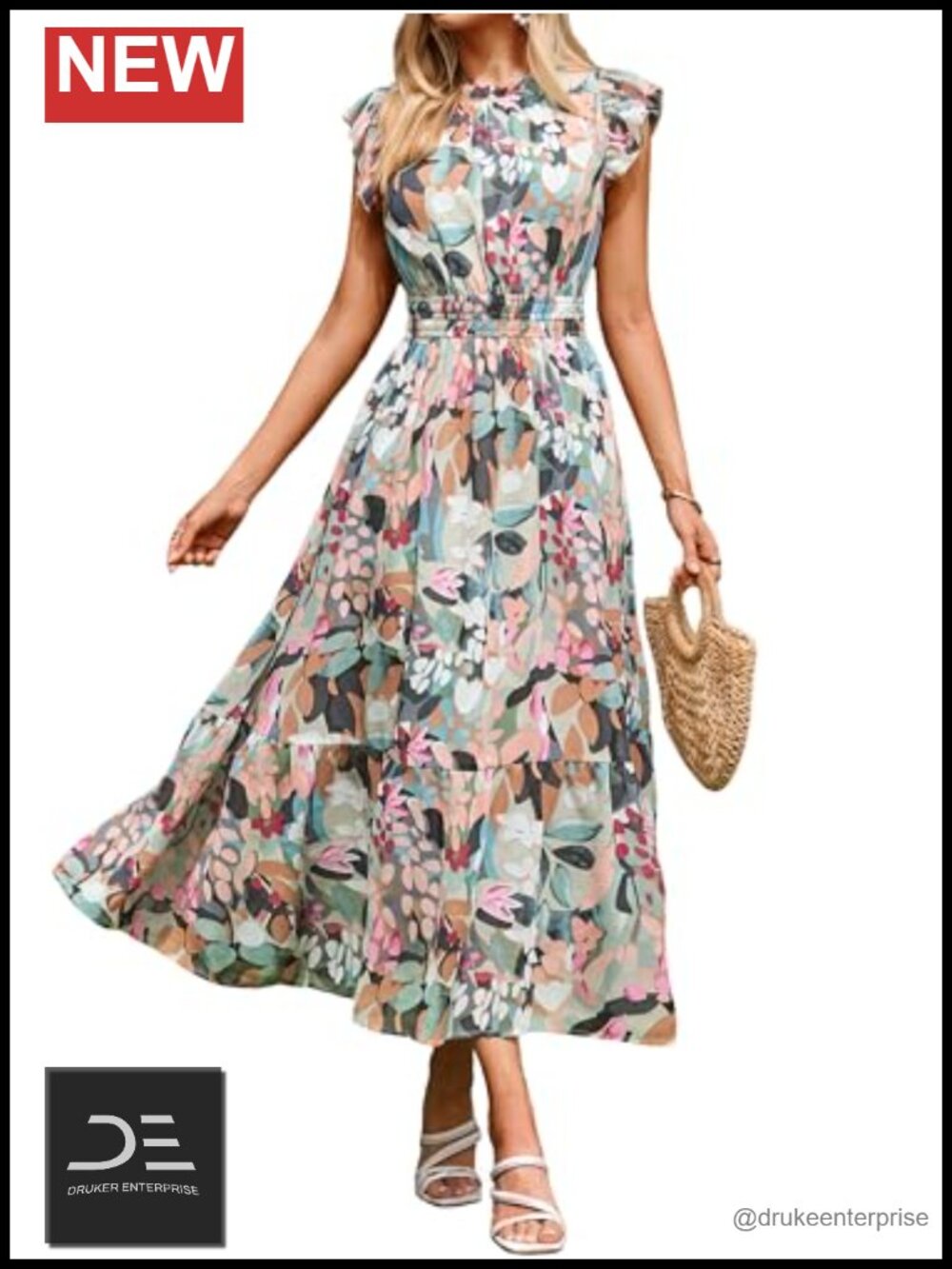 Womens Floral Chiffon Maxi Dress Flutter Sleeve A Line Wedding Guest